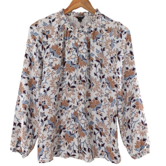 Ann Taylor XS High Neck Ruffle Long Sleeve Floral Blouse - Picture 6 of 7